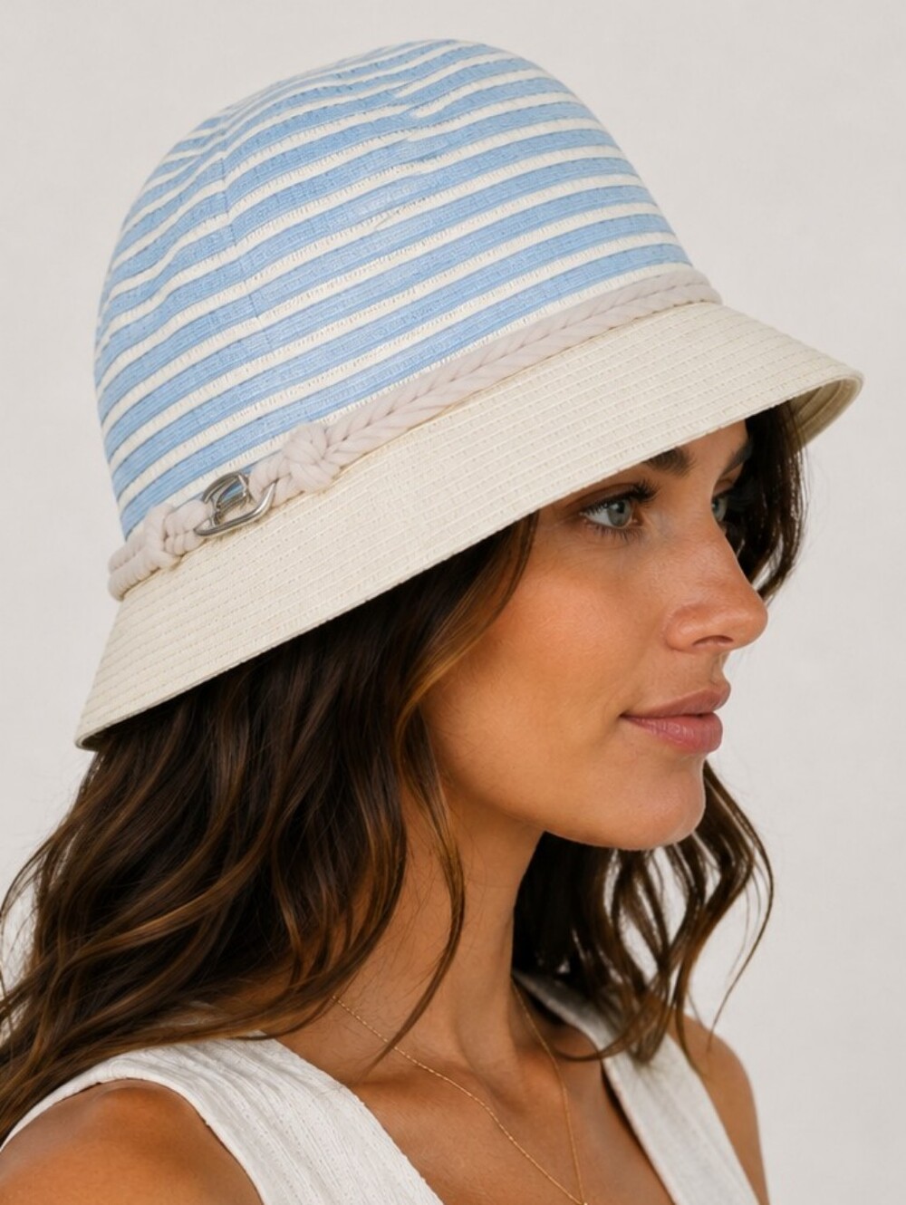 Calvin Klein NWT Blue & Cream Striped Textured Bucket Sun Hat UPF 40+